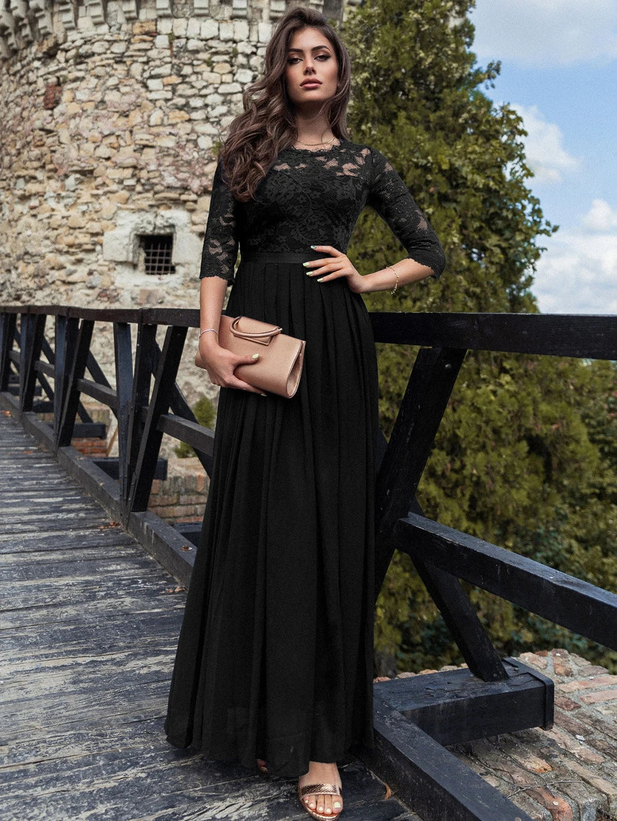 MIUSOL Floral Lace Bodice Ribbon Waist Pleated