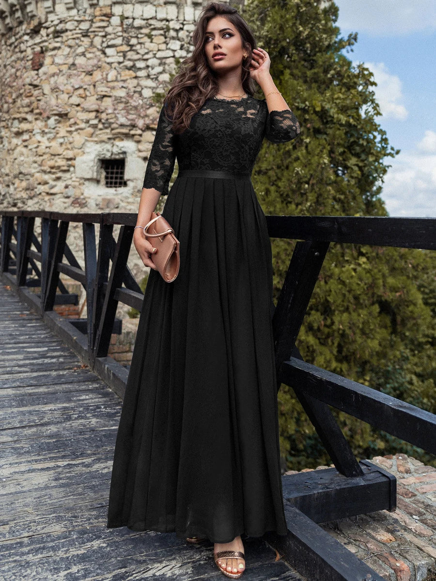 MIUSOL Floral Lace Bodice Ribbon Waist Pleated