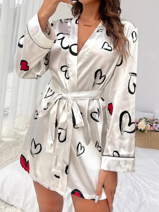 Heart Print Contrast Piping Belted Satin Sleep Robe