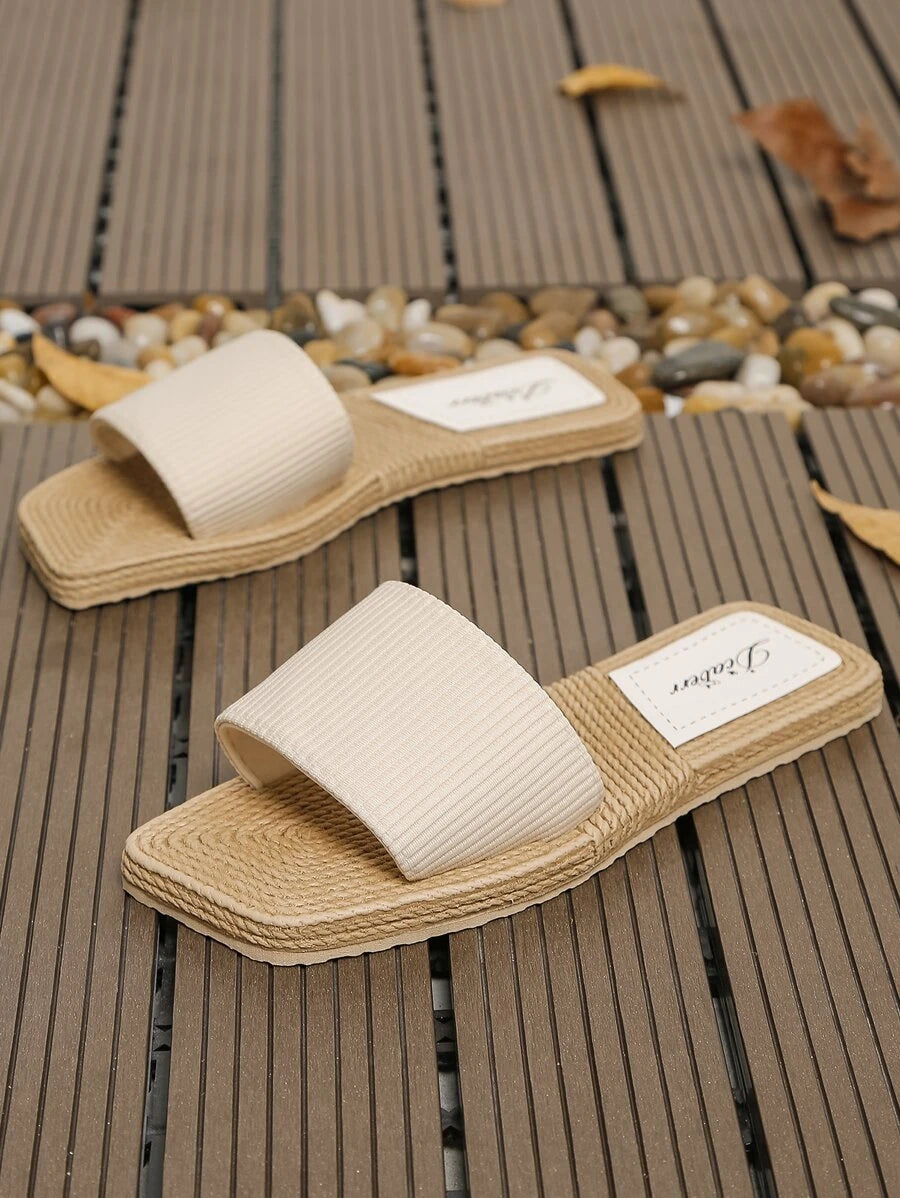 Women Single Band Slides, Vacation Beige Fabric Slides