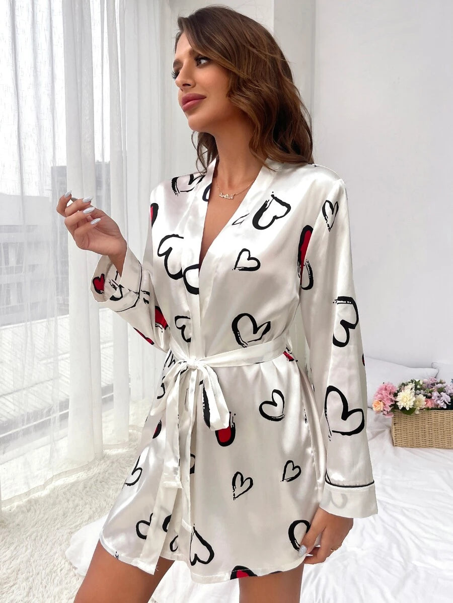 Heart Print Contrast Piping Belted Satin Sleep Robe