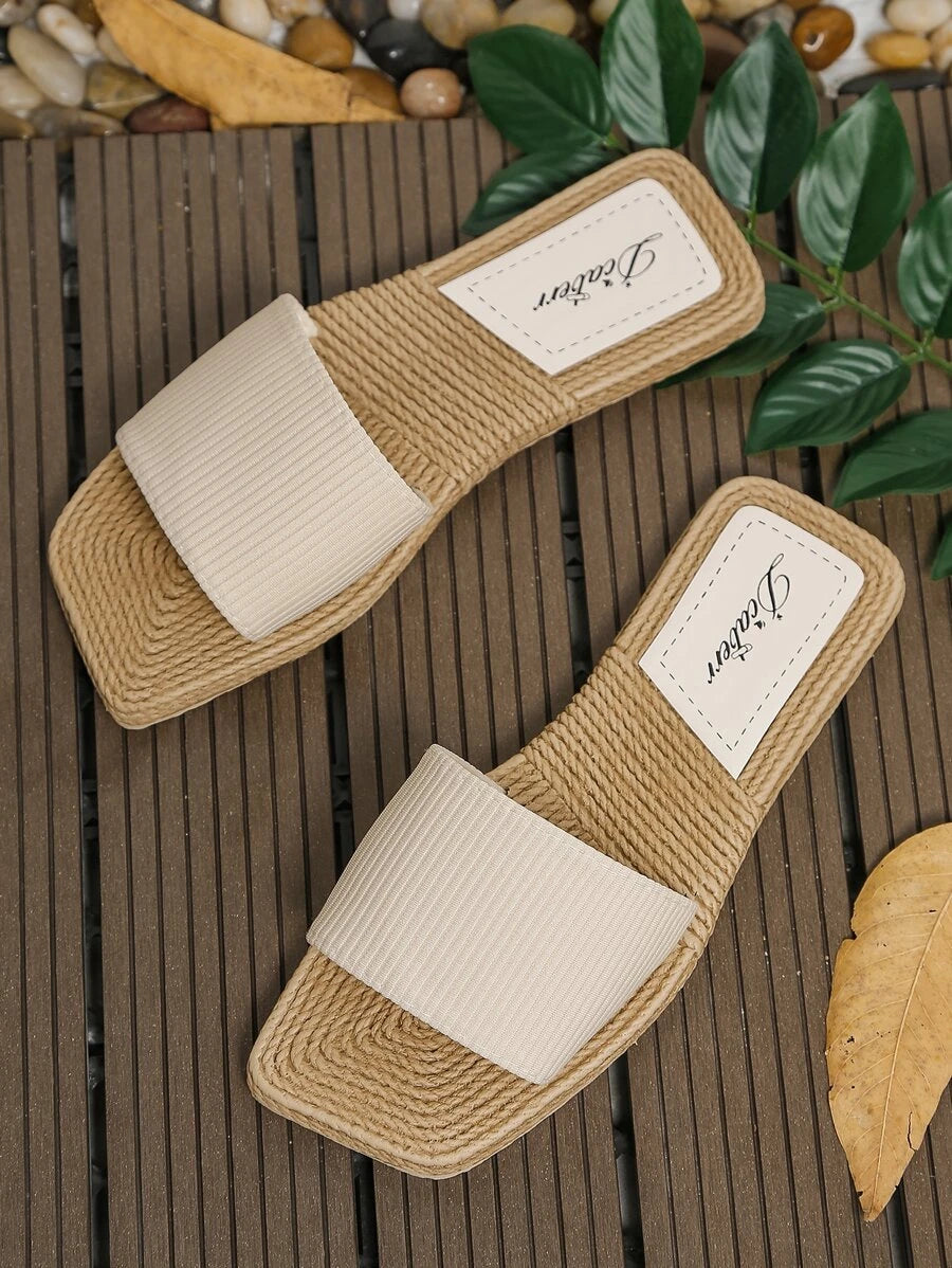 Women Single Band Slides, Vacation Beige Fabric Slides